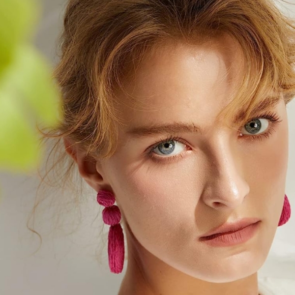 Chunky Dark Pink Rattan Earrings Wicker Bold Retro Raffia Dangle 80s 90s New - Picture 4 of 8